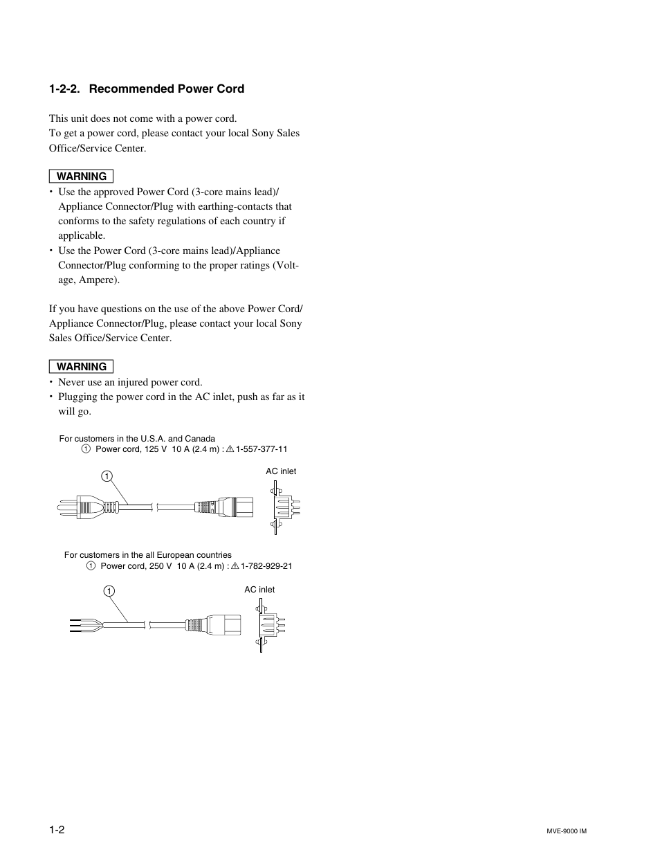 2-2. recommended power cord | Sony MKE-9020M User Manual | Page 8 / 36