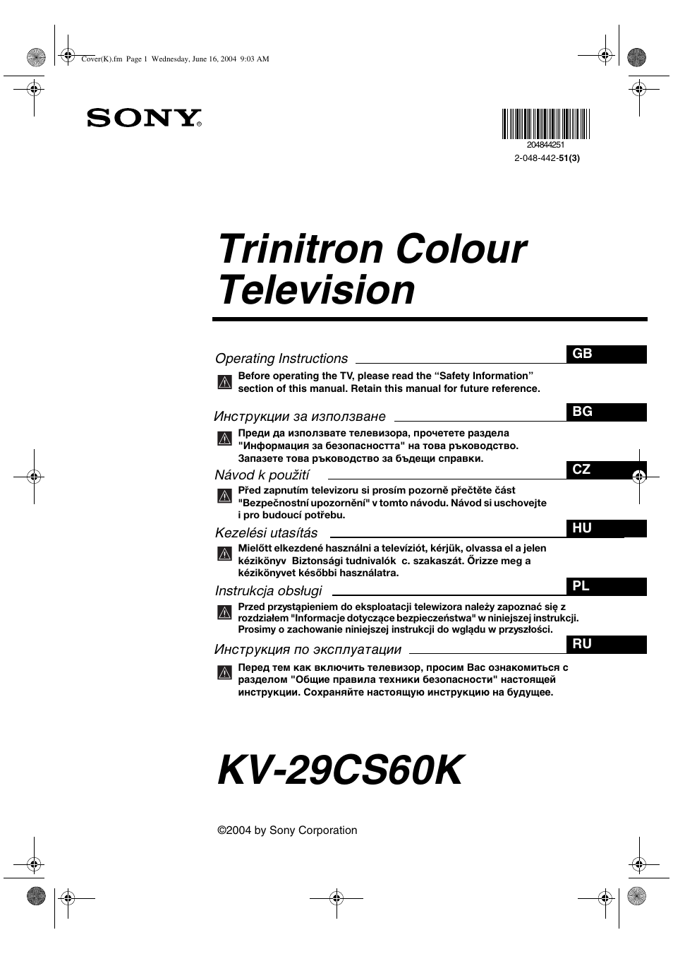 Sony KV-29CS60K User Manual | 124 pages