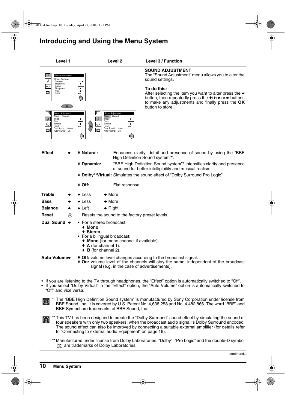 Introducing and using the menu system | Sony KV-29CS60K User Manual | Page 10 / 124