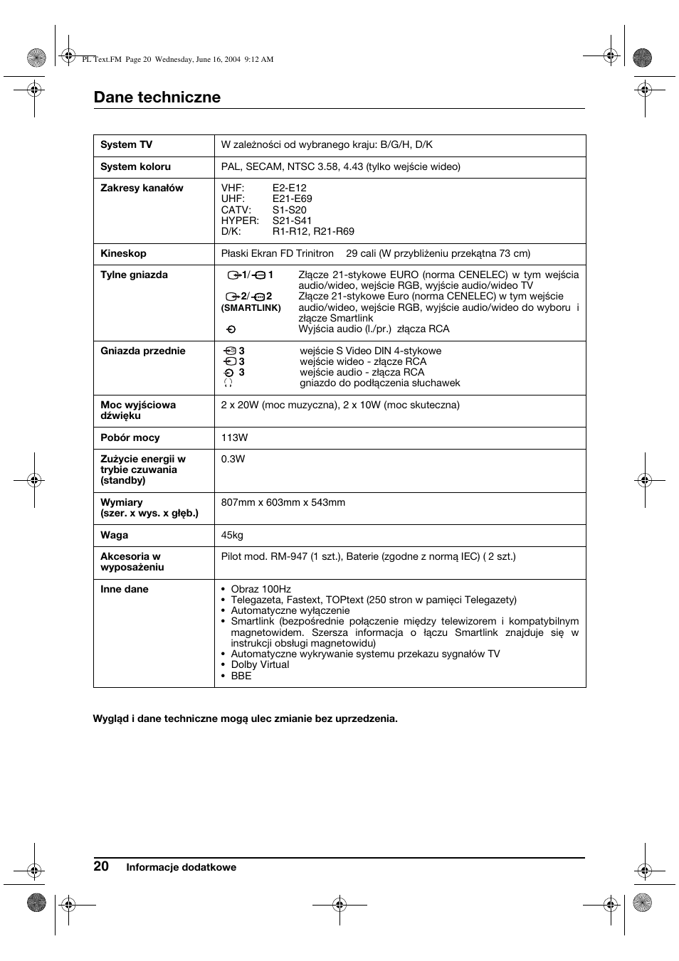 Dane techniczne | Sony KV-29CS60K User Manual | Page 100 / 124