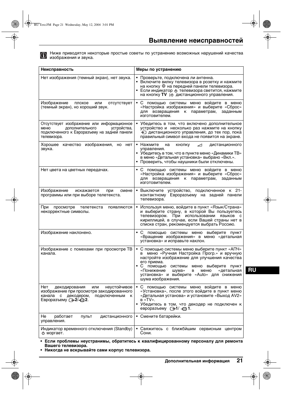 Выявление неисправностей | Sony KV-29CS60K User Manual | Page 121 / 124