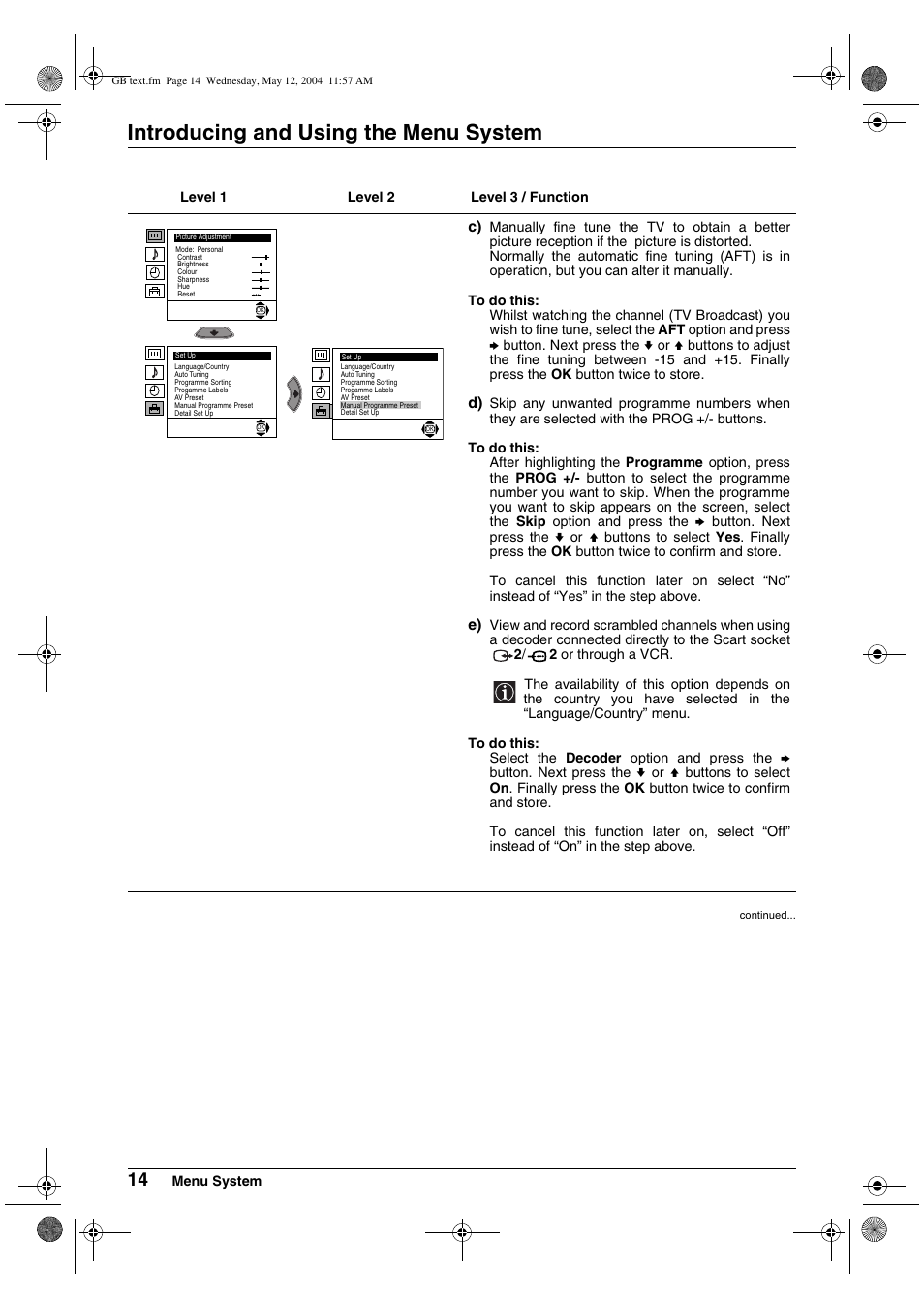Introducing and using the menu system | Sony KV-29CS60K User Manual | Page 14 / 124