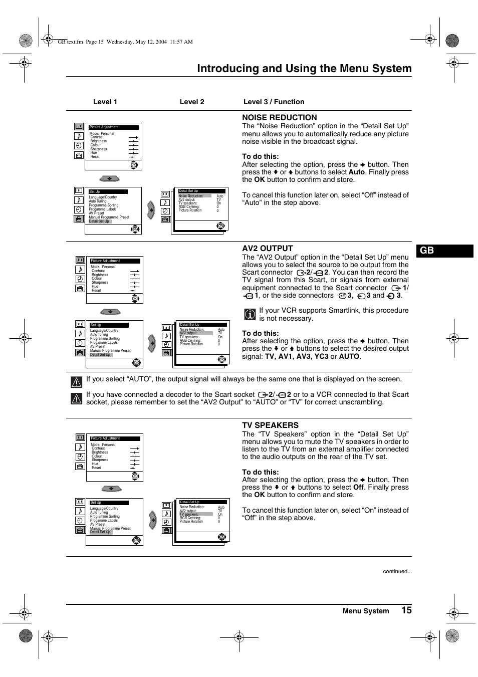 Introducing and using the menu system, Noise reduction, Av2 output | Tv speakers | Sony KV-29CS60K User Manual | Page 15 / 124
