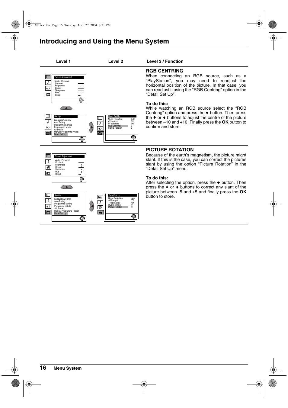 Introducing and using the menu system, Rgb centring, Picture rotation | Menu system, Level 1 level 2 level 3 / function | Sony KV-29CS60K User Manual | Page 16 / 124