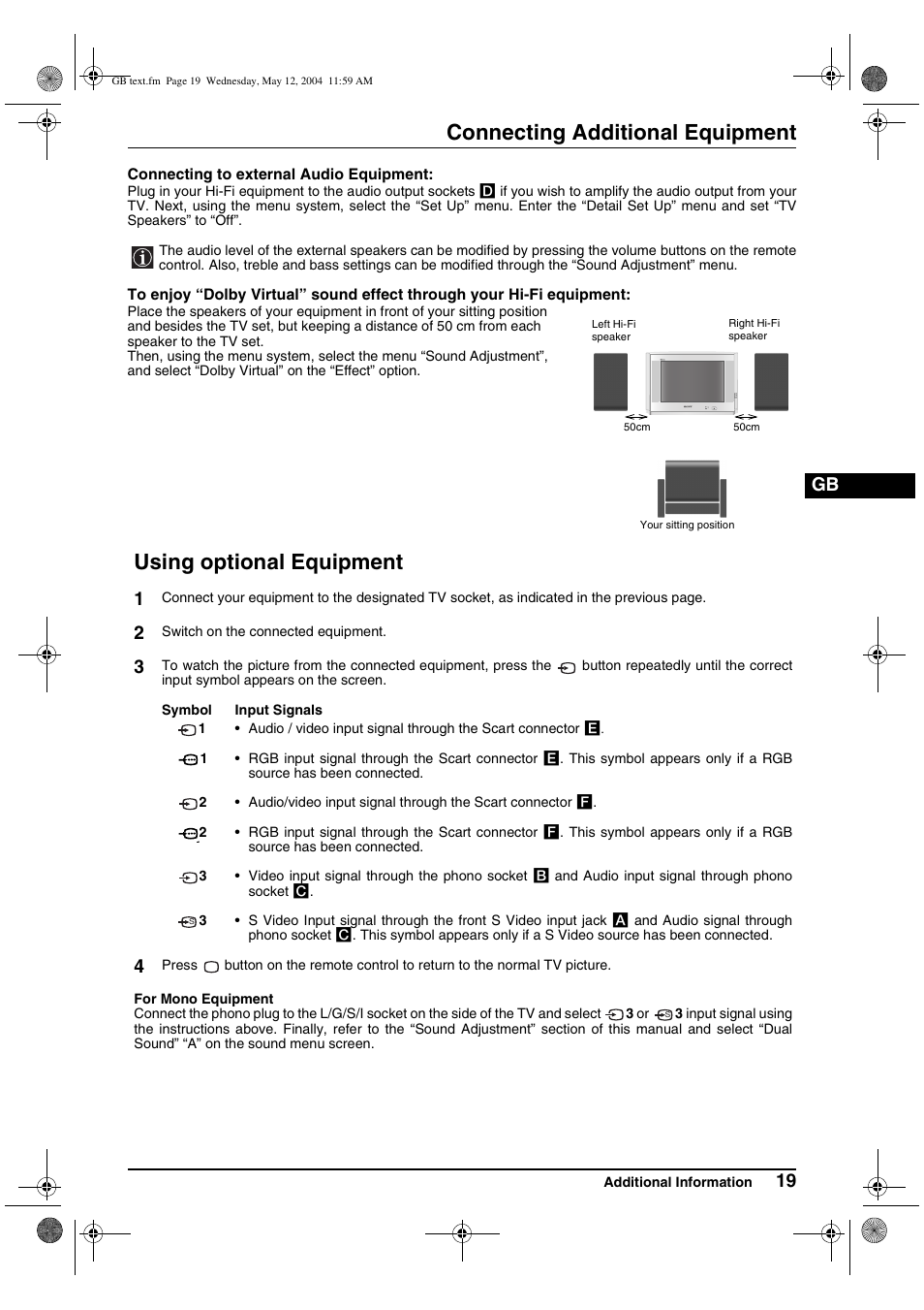 Connecting additional equipment, Using optional equipment | Sony KV-29CS60K User Manual | Page 19 / 124