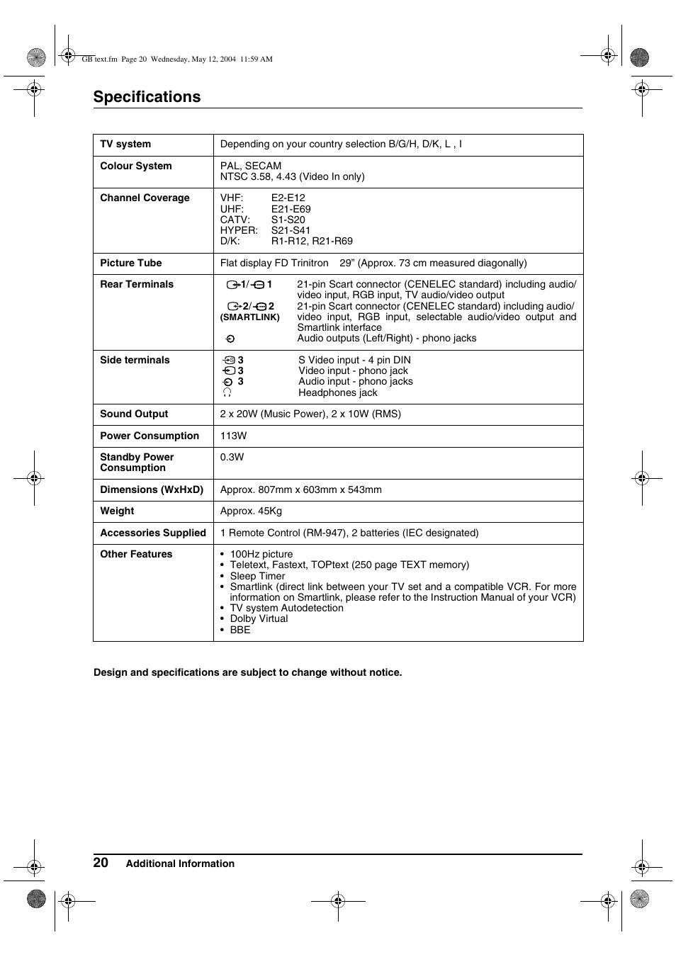 Specifications | Sony KV-29CS60K User Manual | Page 20 / 124
