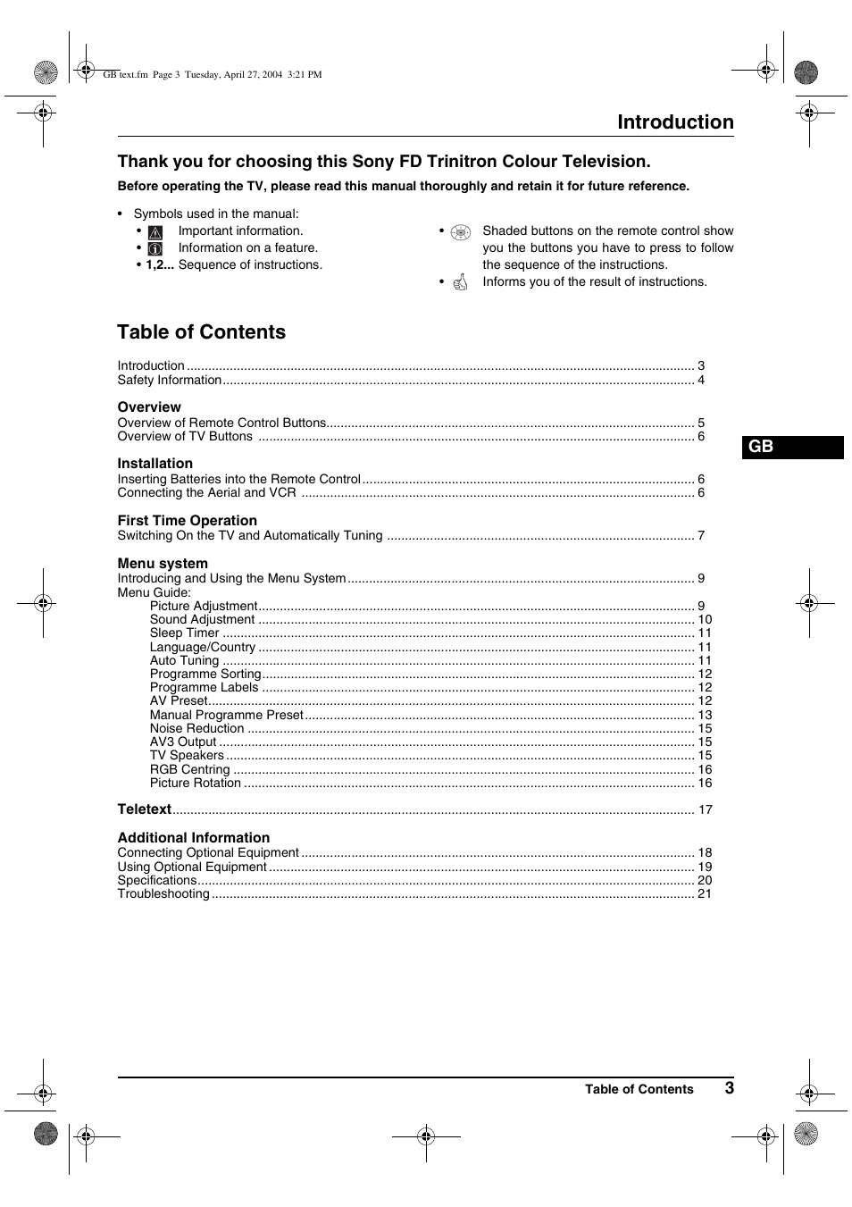 Sony KV-29CS60K User Manual | Page 3 / 124