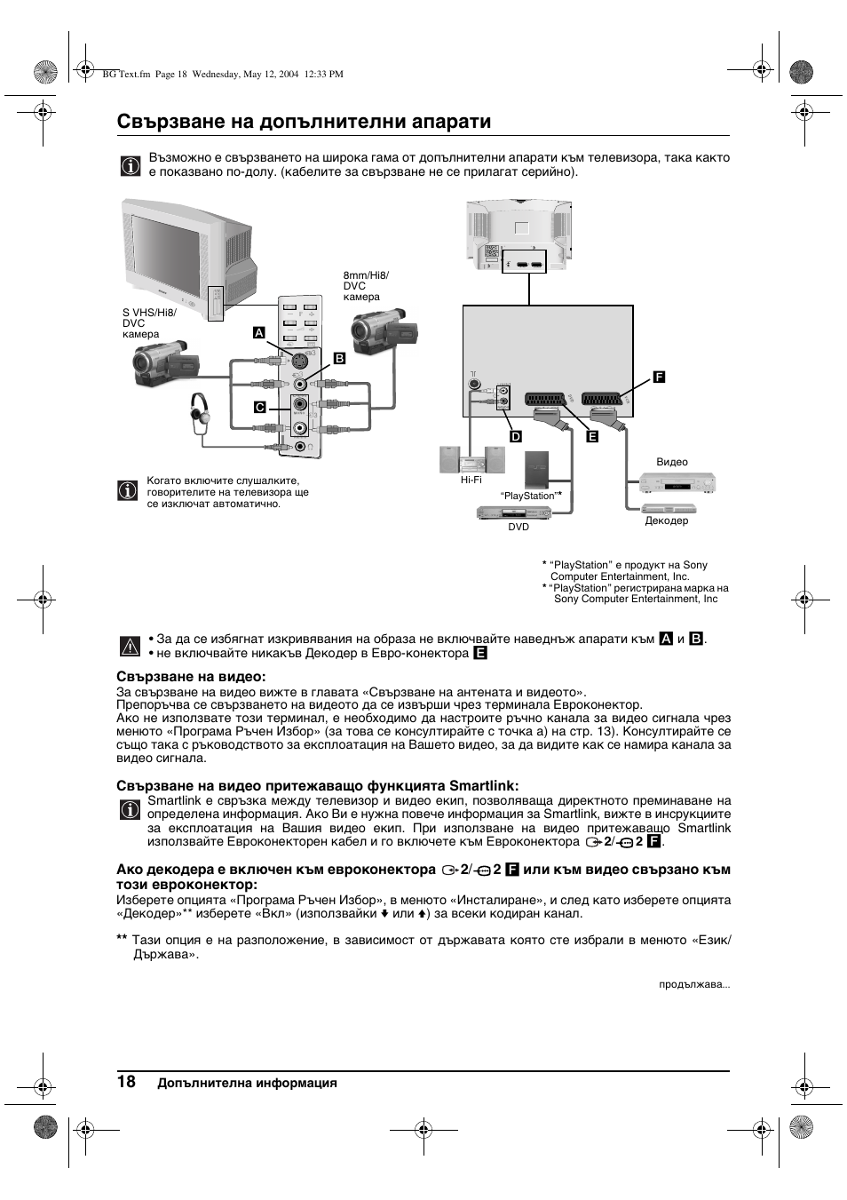 Свързване на допълнителни апарати | Sony KV-29CS60K User Manual | Page 38 / 124