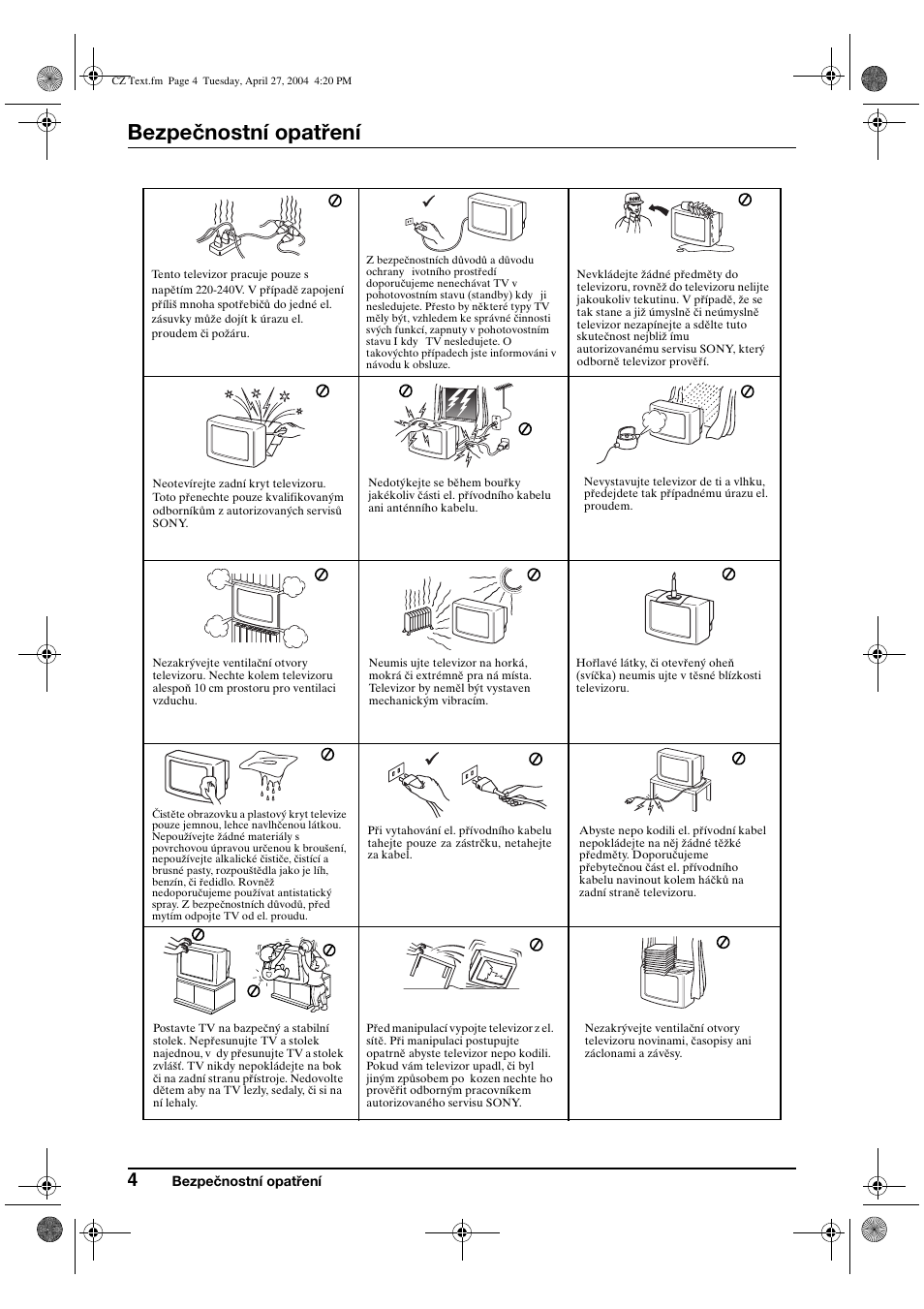 Bezpečnostní opatření | Sony KV-29CS60K User Manual | Page 44 / 124