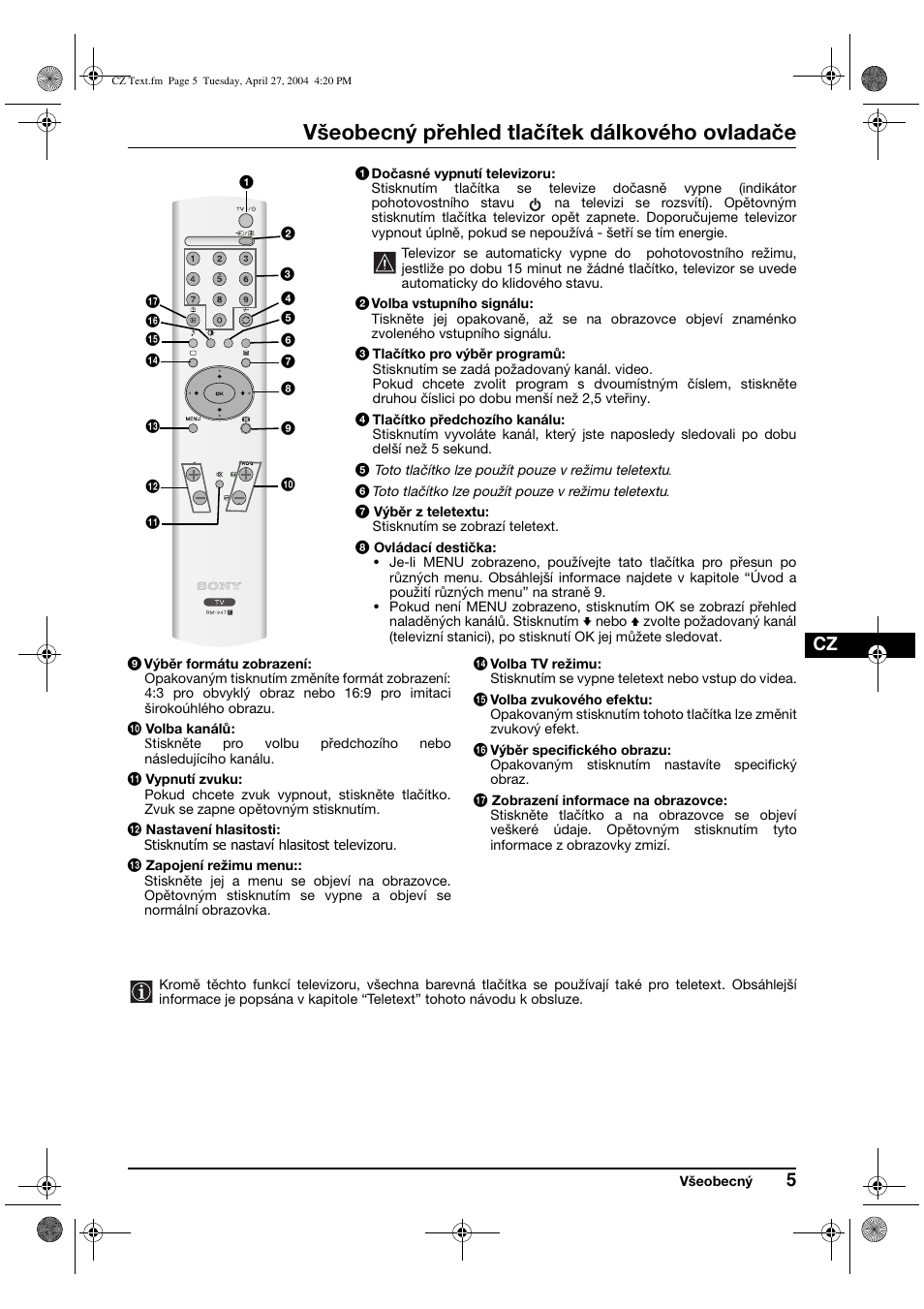 Všeobecný přehled tlačítek dálkového ovladače | Sony KV-29CS60K User Manual | Page 45 / 124