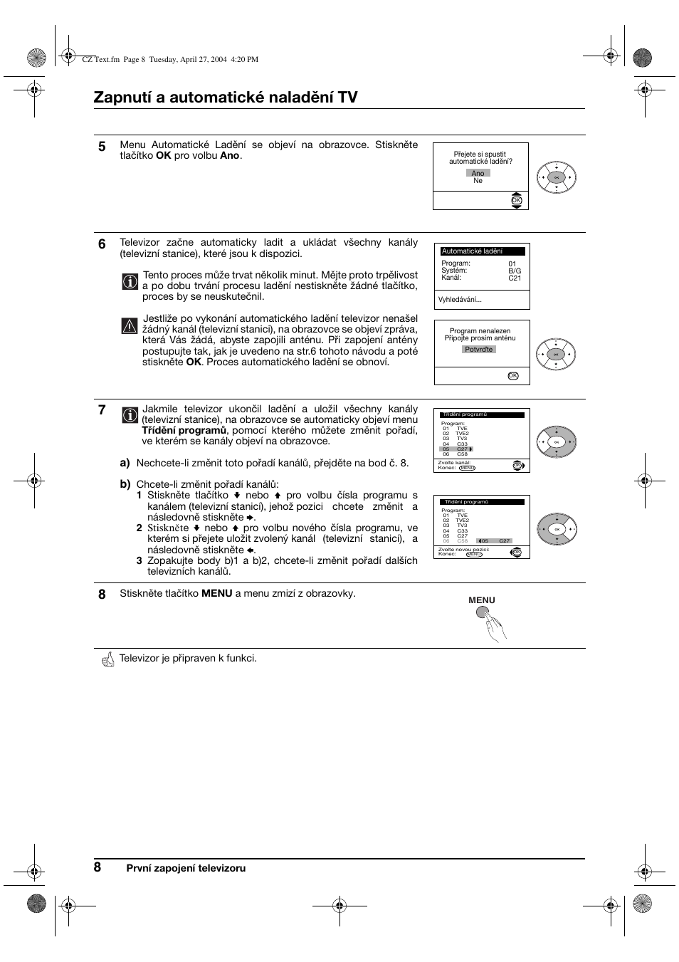 Zapnutí a automatické naladění tv | Sony KV-29CS60K User Manual | Page 48 / 124