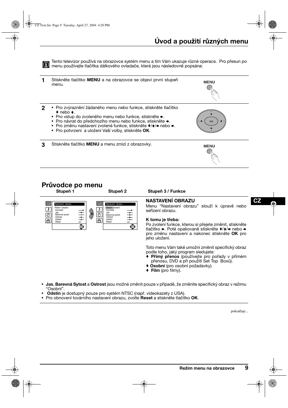 Úvod a použití různých menu, Průvodce po menu | Sony KV-29CS60K User Manual | Page 49 / 124