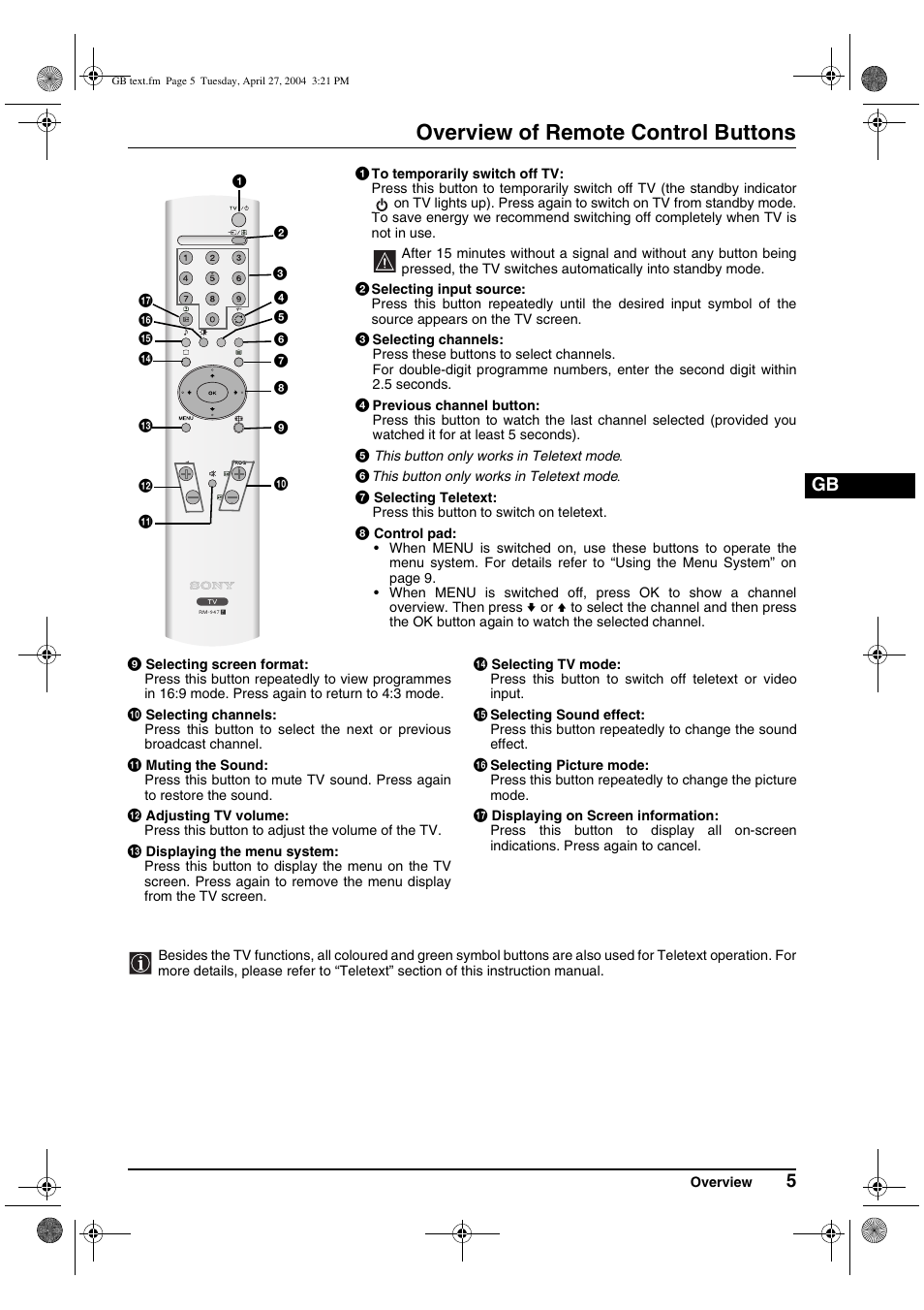 Overview of remote control buttons | Sony KV-29CS60K User Manual | Page 5 / 124