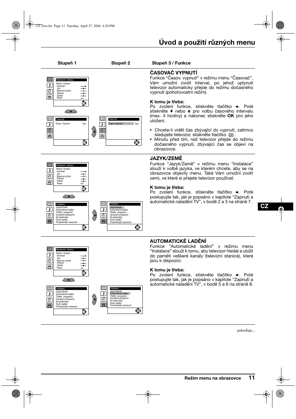 Úvod a použití různých menu, Časovač vypnutí, Jazyk/země | Automatické ladění | Sony KV-29CS60K User Manual | Page 51 / 124