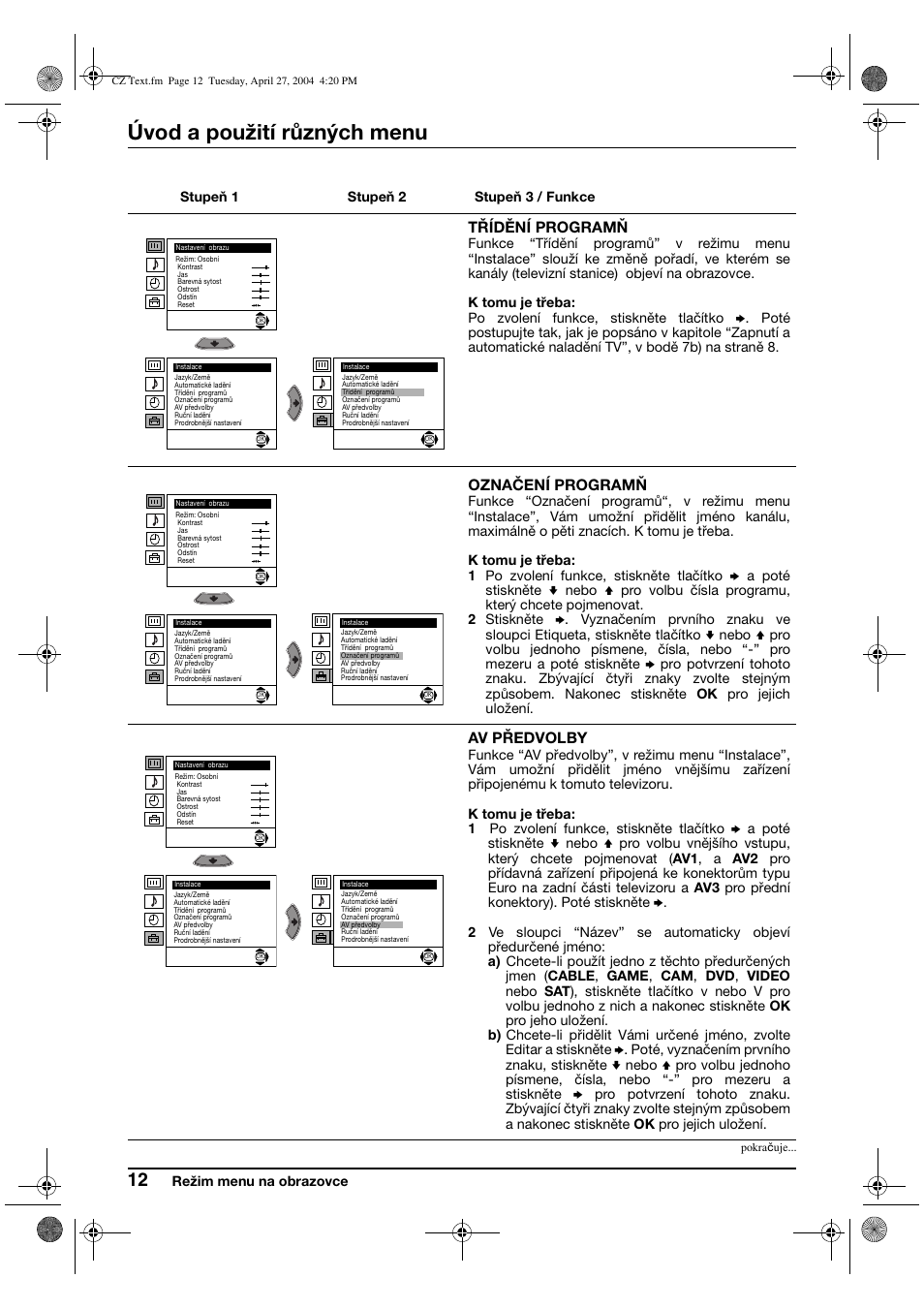 Úvod a použití různých menu | Sony KV-29CS60K User Manual | Page 52 / 124