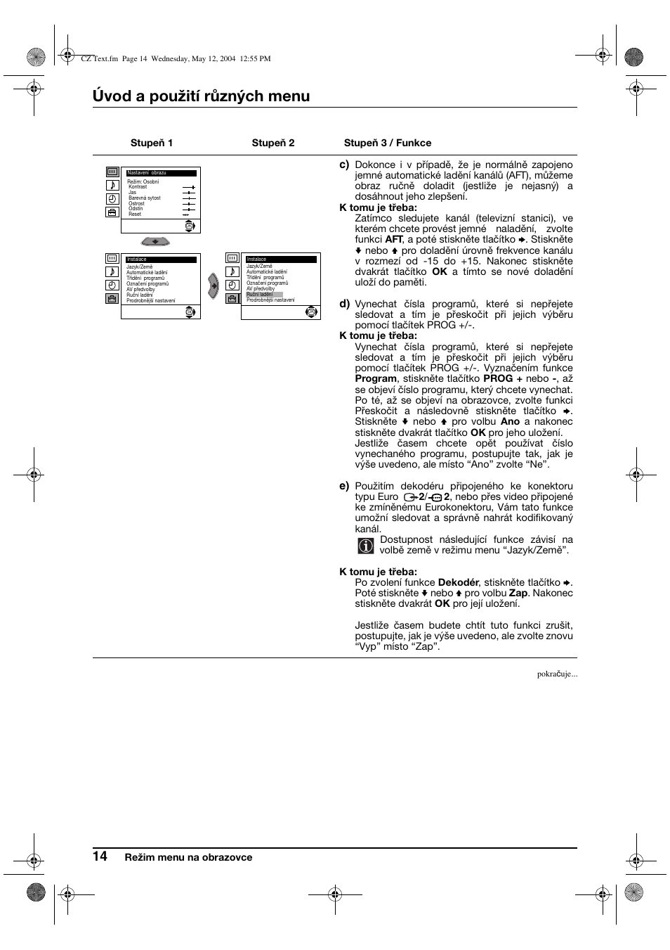 Úvod a použití různých menu | Sony KV-29CS60K User Manual | Page 54 / 124