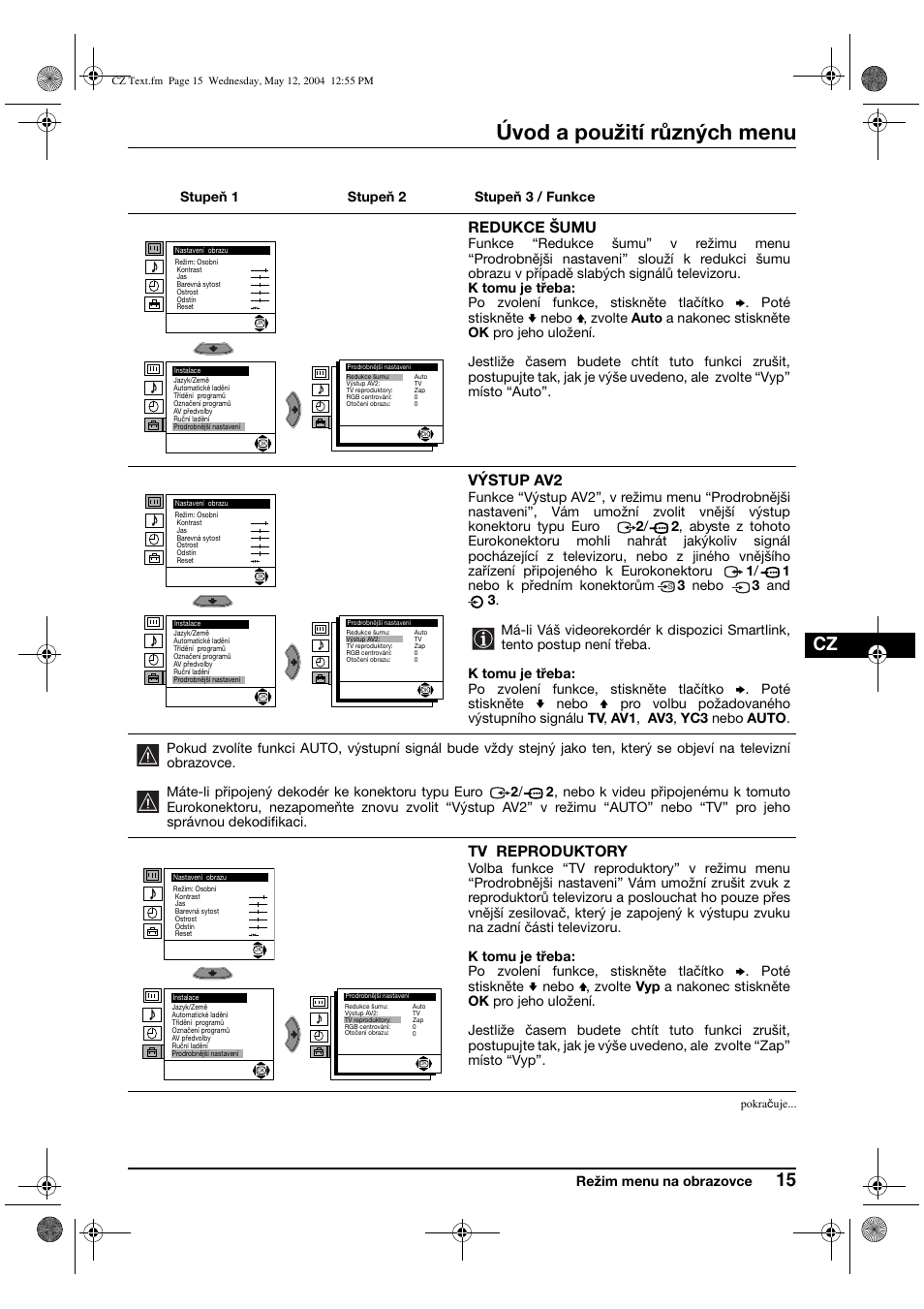Úvod a použití různých menu, Redukce šumu, Výstup av2 | Tv reproduktory | Sony KV-29CS60K User Manual | Page 55 / 124