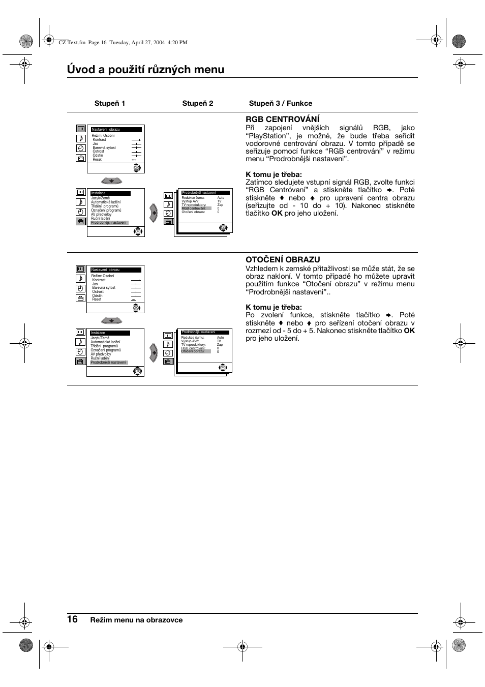Úvod a použití různých menu, Rgb centrování, Otočení obrazu | Sony KV-29CS60K User Manual | Page 56 / 124