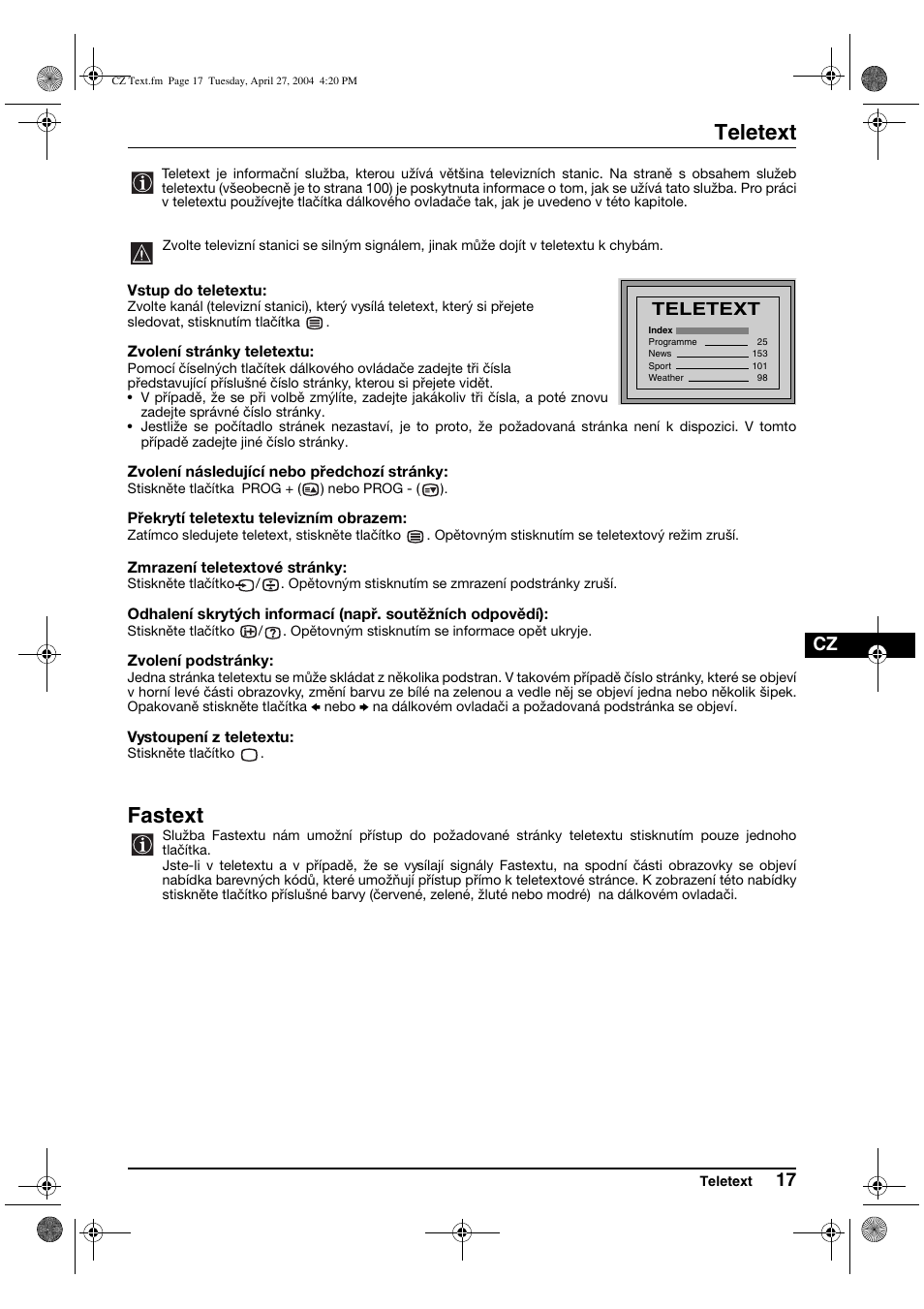 Teletext, Fastext | Sony KV-29CS60K User Manual | Page 57 / 124