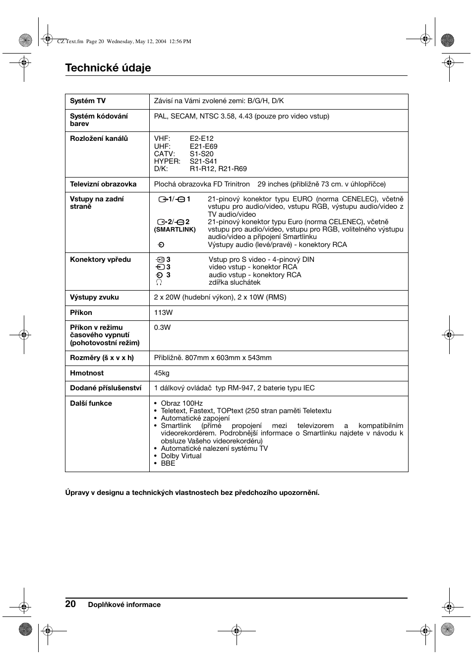 Technické údaje | Sony KV-29CS60K User Manual | Page 60 / 124