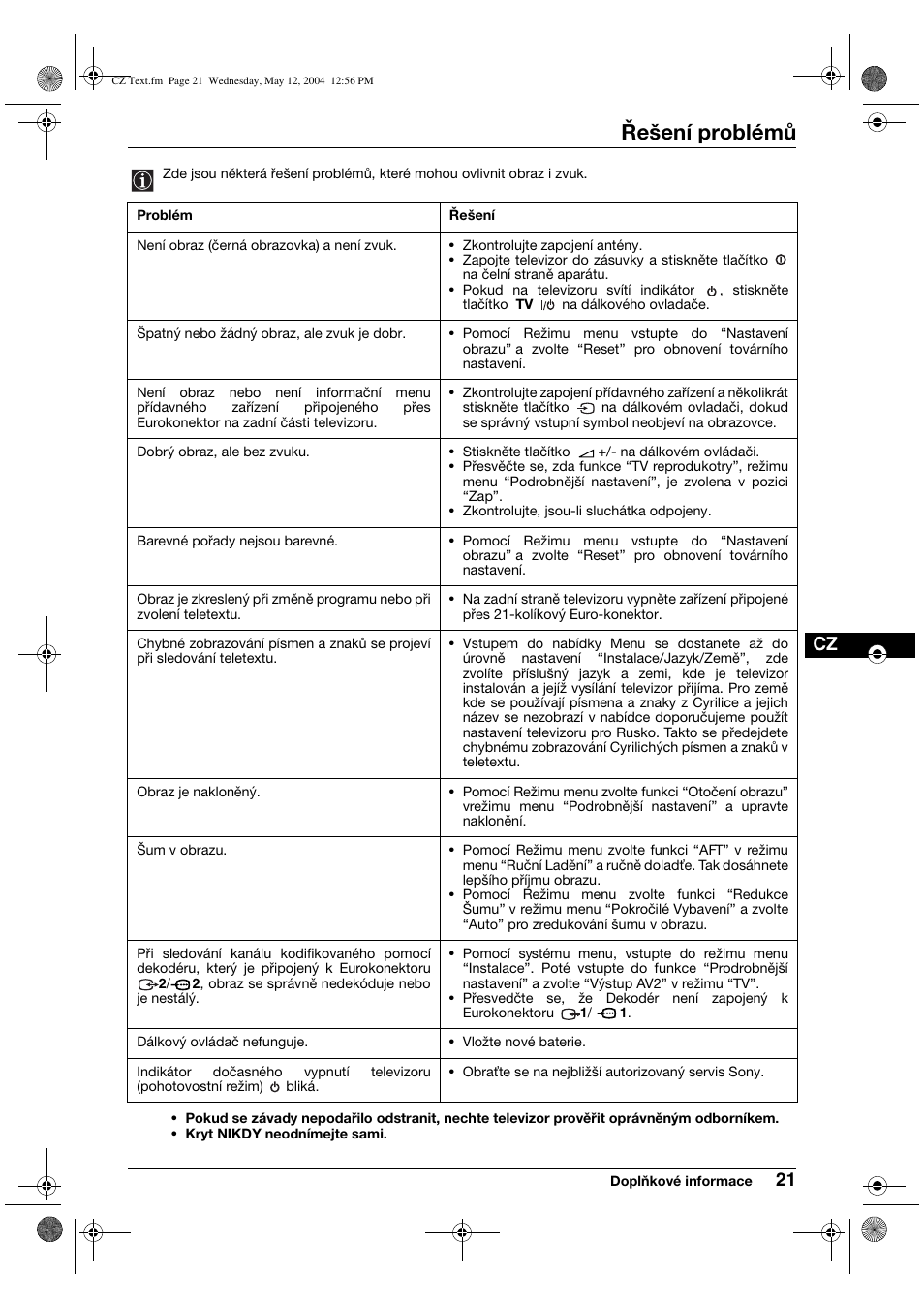 Řešení problémů | Sony KV-29CS60K User Manual | Page 61 / 124