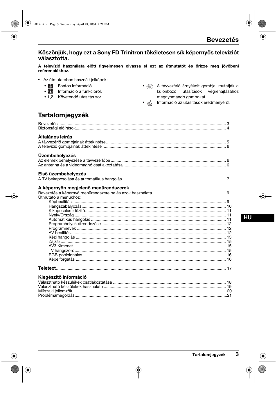 Bevezetés, Tartalomjegyzék | Sony KV-29CS60K User Manual | Page 63 / 124