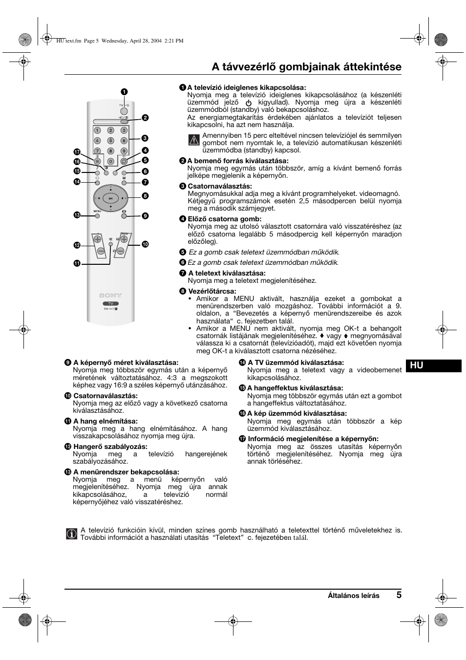 A távvezérlő gombjainak áttekintése | Sony KV-29CS60K User Manual | Page 65 / 124