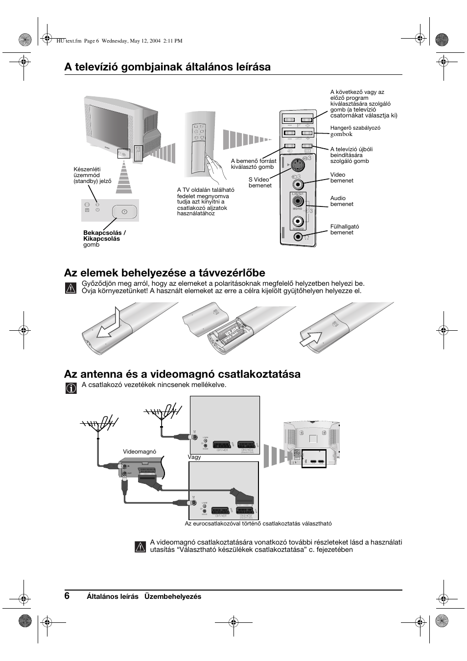 A televízió gombjainak általános leírása, Az elemek behelyezése a távvezérlőbe, Az antenna és a videomagnó csatlakoztatása | Sony KV-29CS60K User Manual | Page 66 / 124