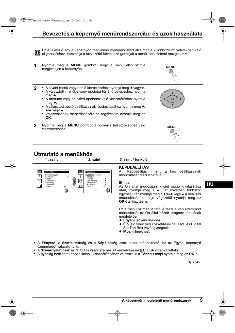 Útmutató a menükhöz | Sony KV-29CS60K User Manual | Page 69 / 124