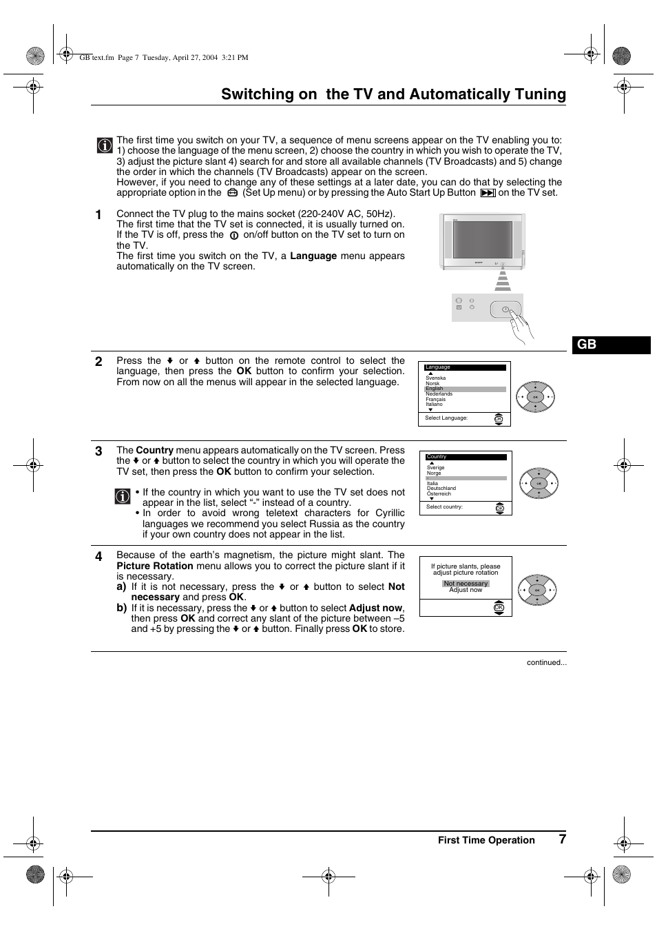 Switching on the tv and automatically tuning | Sony KV-29CS60K User Manual | Page 7 / 124