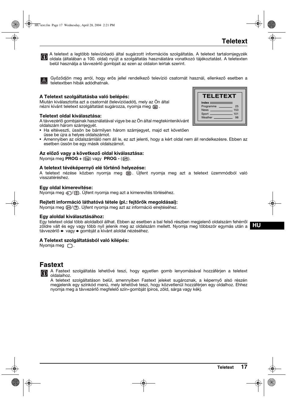 Teletext, Fastext | Sony KV-29CS60K User Manual | Page 77 / 124