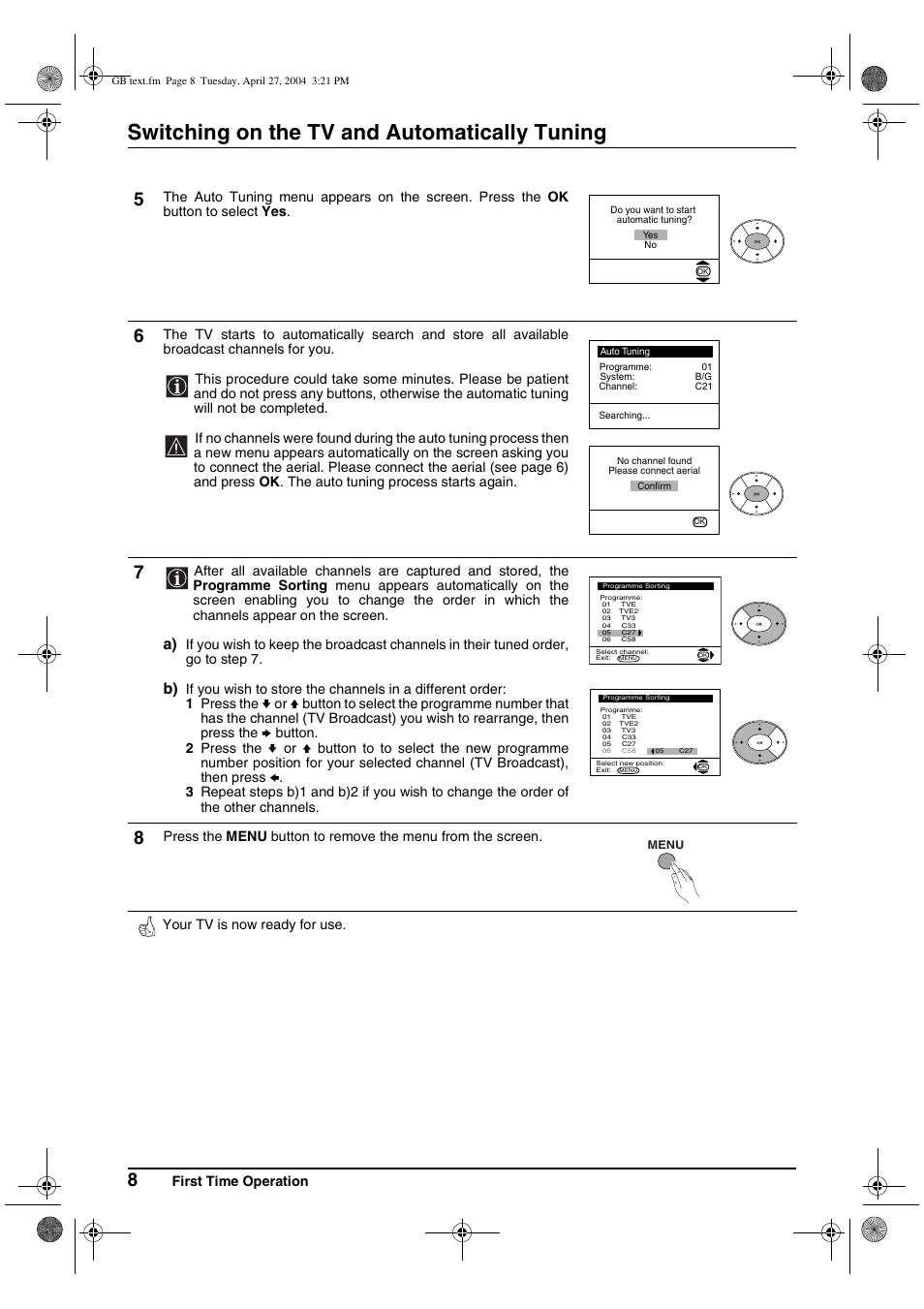 Switching on the tv and automatically tuning | Sony KV-29CS60K User Manual | Page 8 / 124
