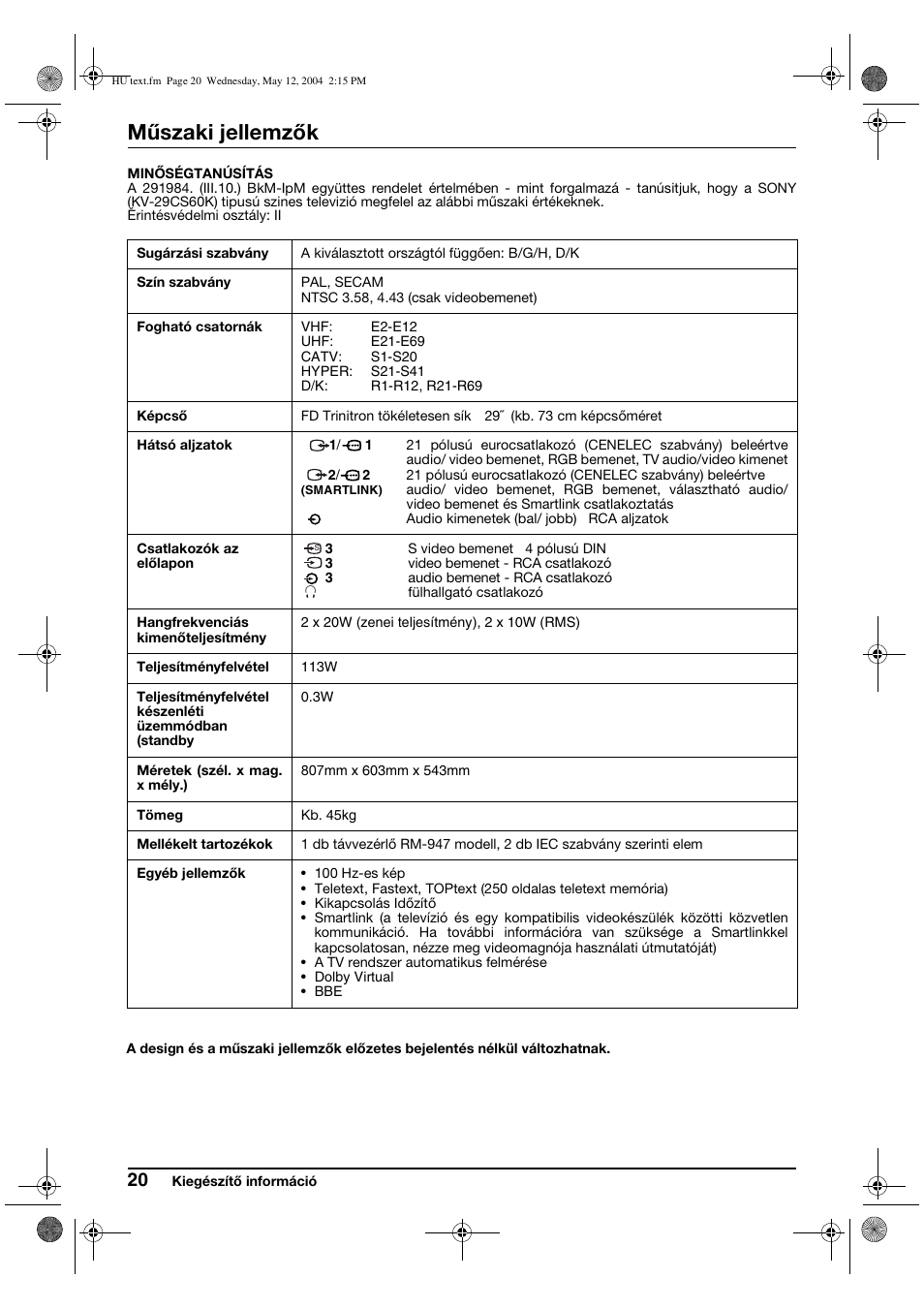 Műszaki jellemzők | Sony KV-29CS60K User Manual | Page 80 / 124