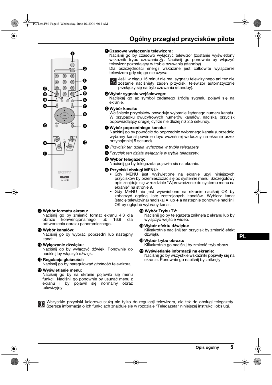 Ogólny przegląd przycisków pilota | Sony KV-29CS60K User Manual | Page 85 / 124