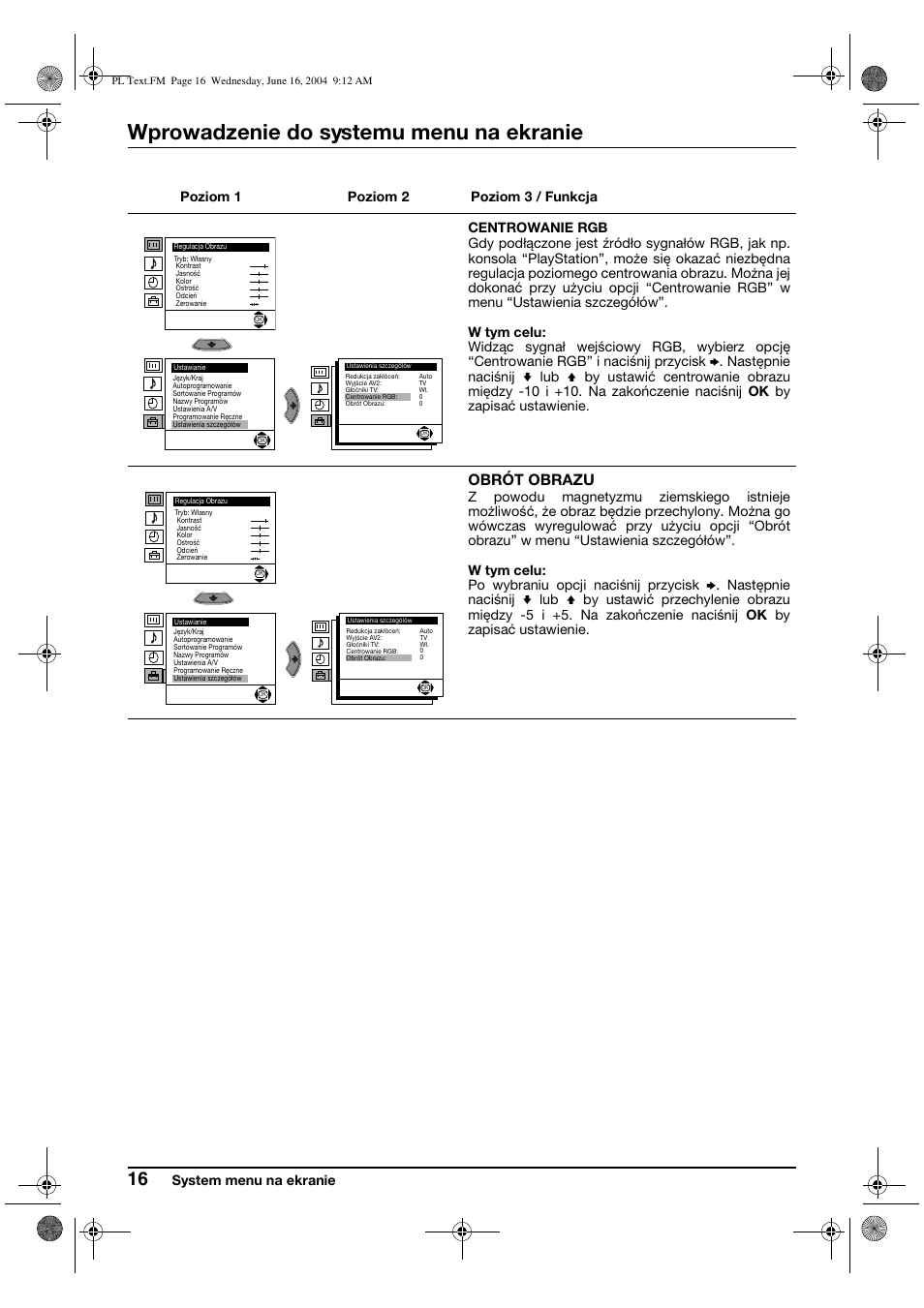 Wprowadzenie do systemu menu na ekranie, Obrót obrazu | Sony KV-29CS60K User Manual | Page 96 / 124