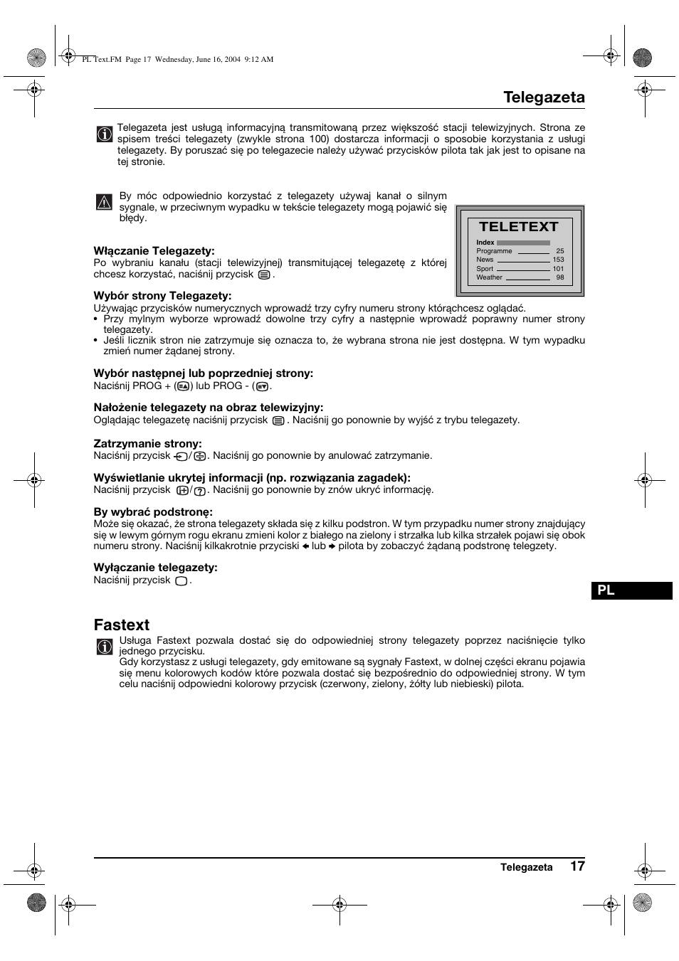 Telegazeta, Fastext, Teletext | Sony KV-29CS60K User Manual | Page 97 / 124