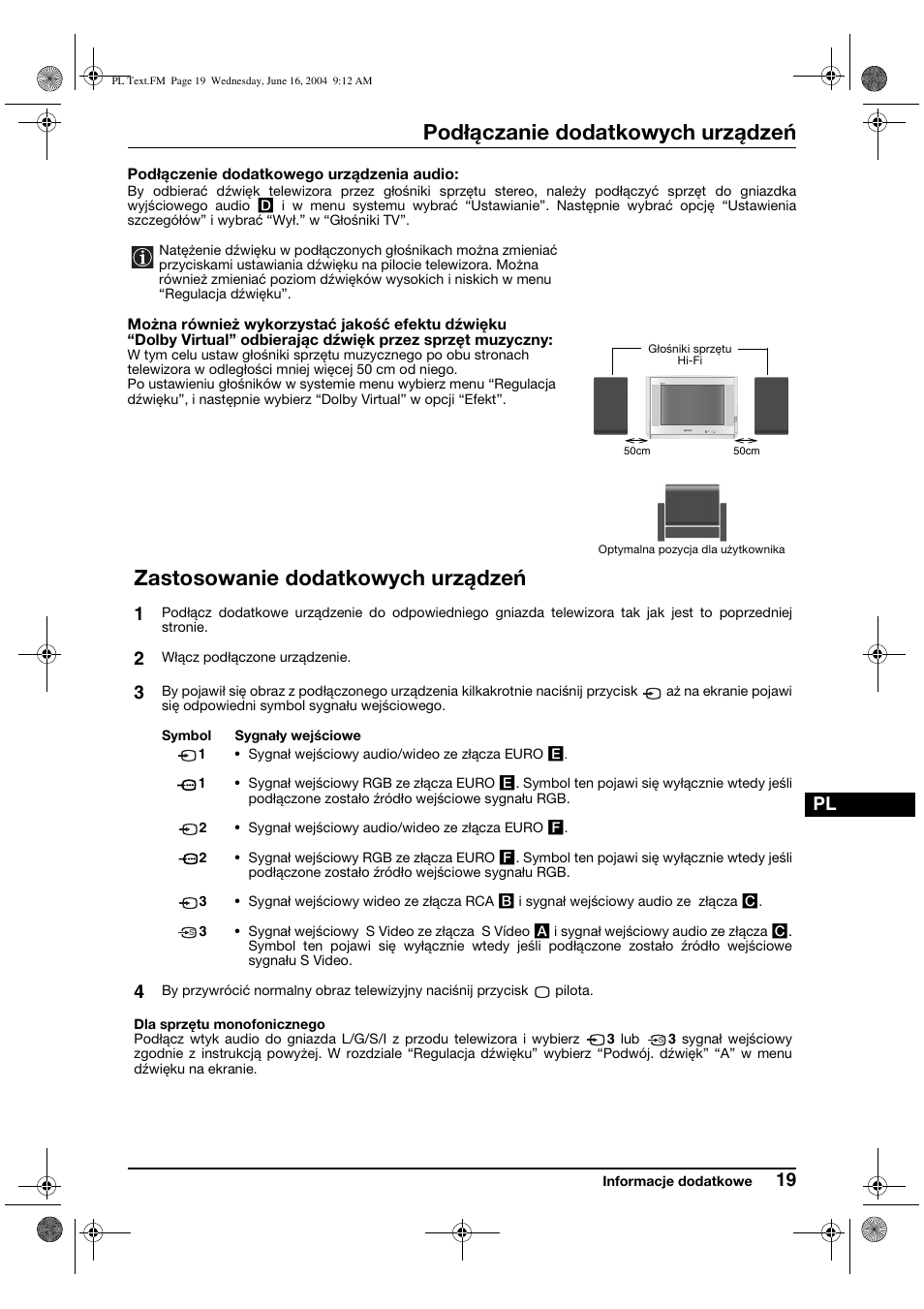 Podłączanie dodatkowych urządzeń, Zastosowanie dodatkowych urządzeń | Sony KV-29CS60K User Manual | Page 99 / 124