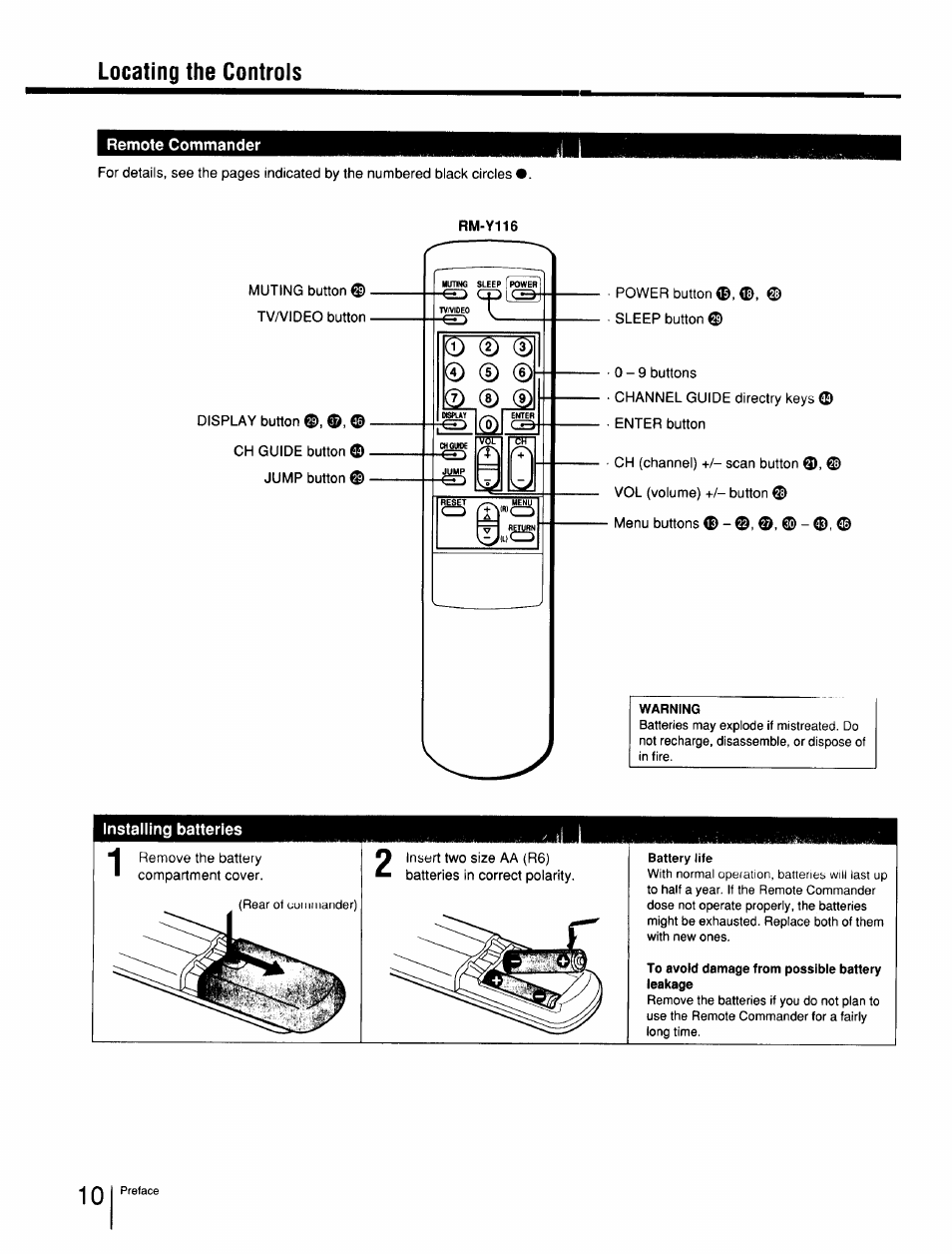 Remote commander, Installing batteries, Locating the controls | Sony Cable Box User Manual | Page 10 / 48
