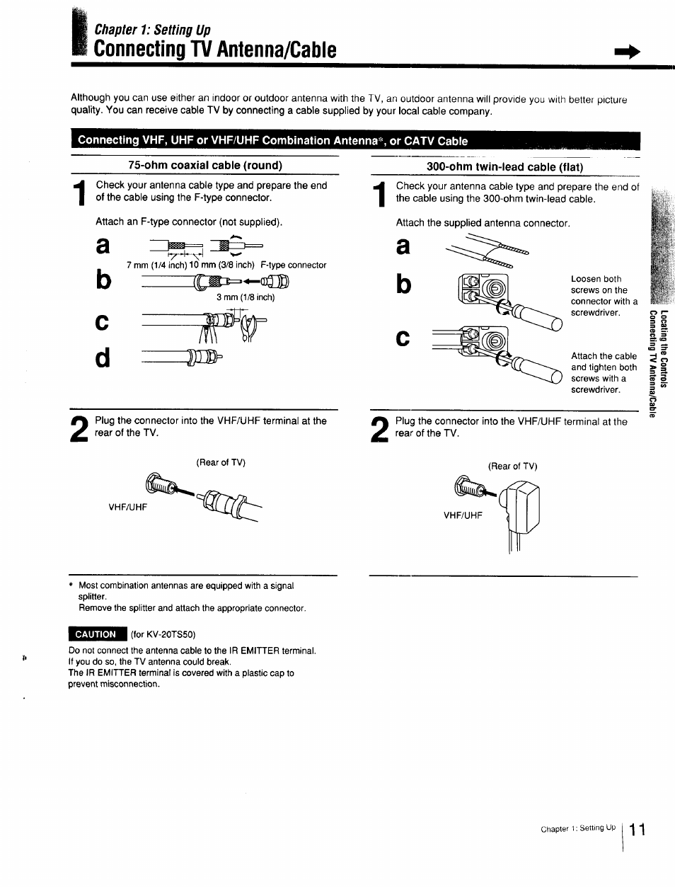 Ohm coaxial cable (round), Ohm twin-lead cable (flat), Connecting tv antenna/cable | Sony Cable Box User Manual | Page 11 / 48