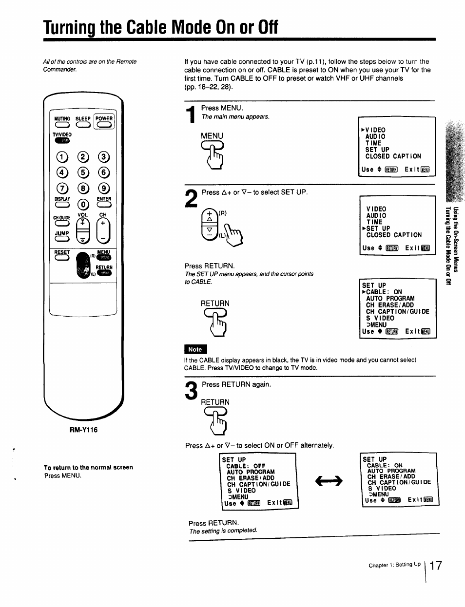 Turning the cable mode on or off | Sony Cable Box User Manual | Page 17 / 48