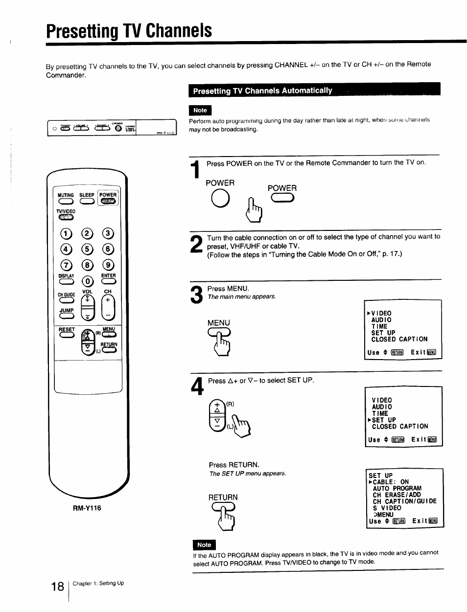 Presetting tv channels, Presetting tv channels automatically | Sony Cable Box User Manual | Page 18 / 48