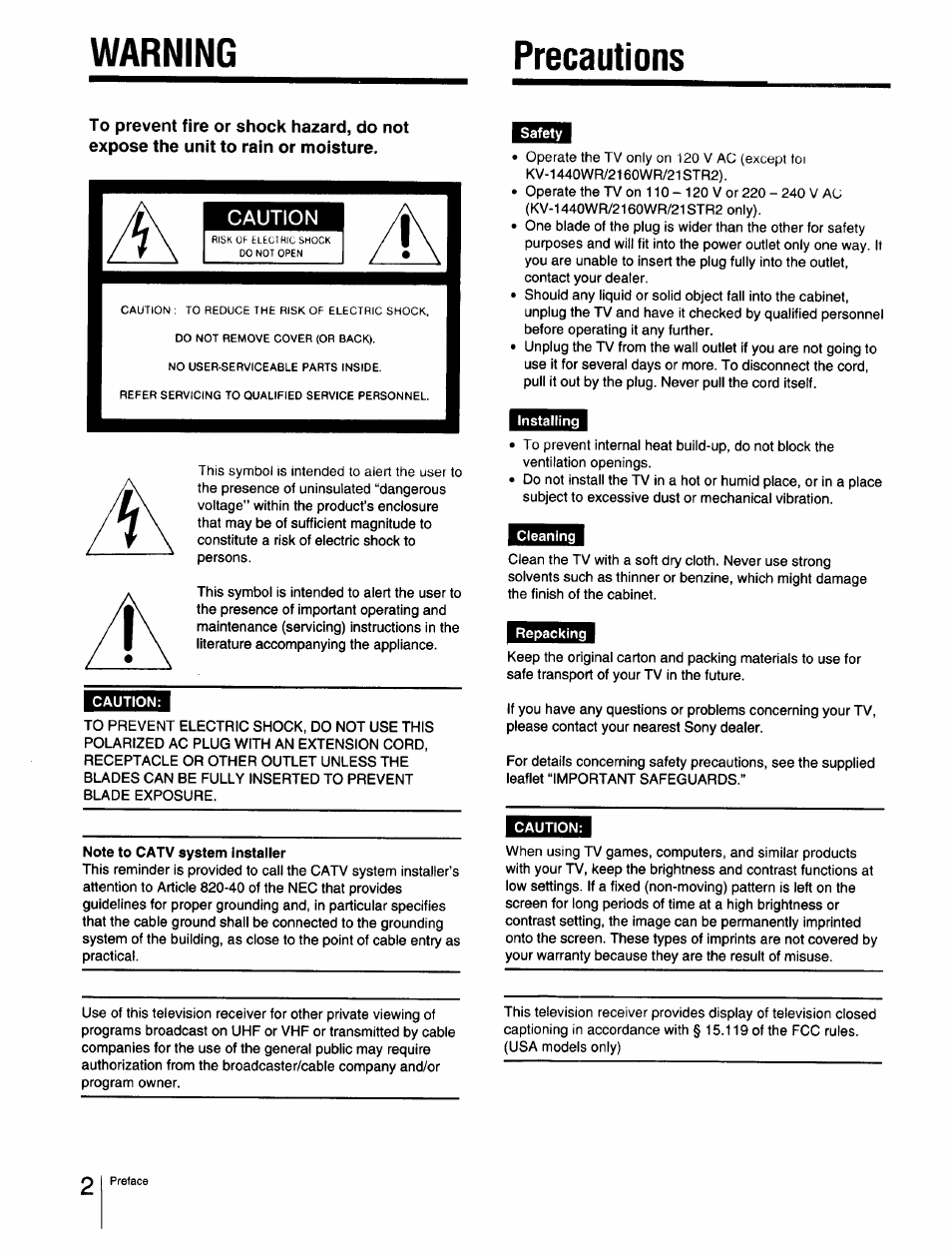 Precautions, Caution, Note to catv system installer | Safety, Installing, Cleaning, Repacking, Warning precautions | Sony Cable Box User Manual | Page 2 / 48