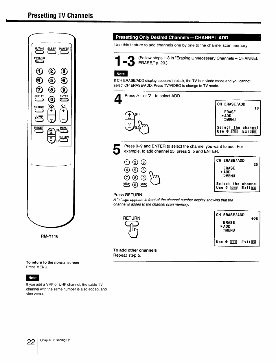 Presetting only desired'channels—channel add, To add other channels, Presetting tv channels | Sony Cable Box User Manual | Page 22 / 48