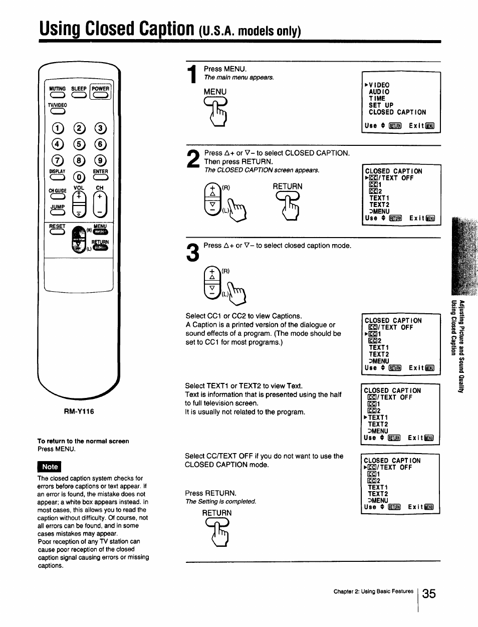 Using closed caption, U.s.a. models only) | Sony Cable Box User Manual | Page 35 / 48