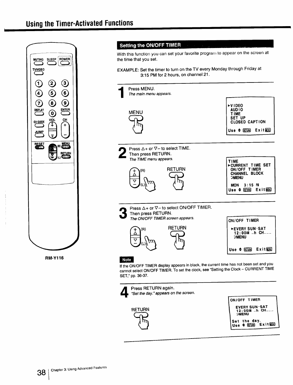 Setting the on/off timer, Using the timer-activated functions | Sony Cable Box User Manual | Page 38 / 48