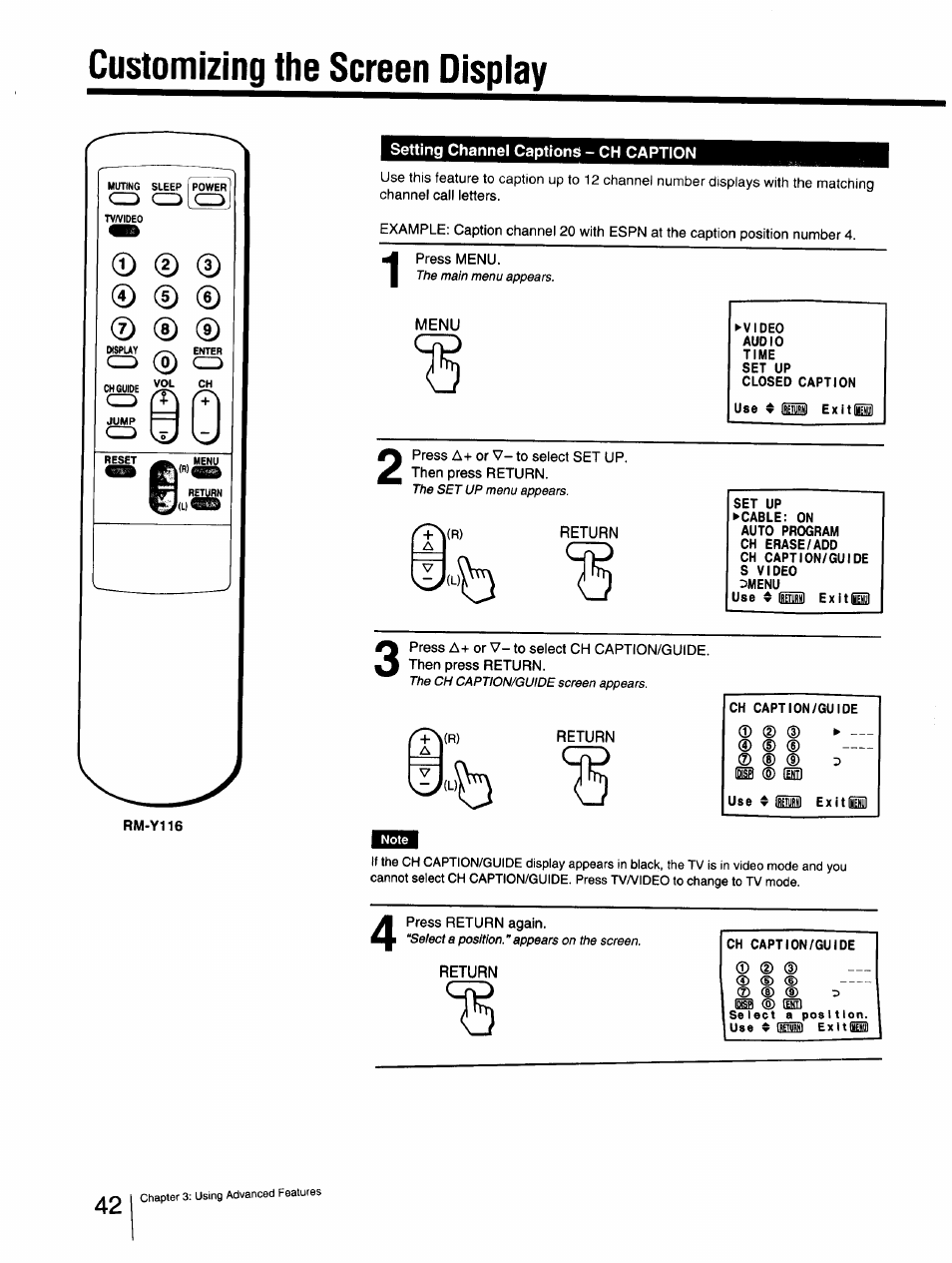 Customizing !he screen display, Setting channel captions - ch caption, Menu | Customizing the screen display | Sony Cable Box User Manual | Page 42 / 48