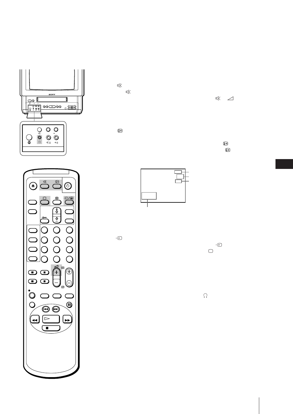 Geluid uitzetten, Informatie op scherm afbeelden, Videobeelden bekijken | Luisteren via hoofdtelefoon | Sony Trinitron KV-21V6D User Manual | Page 169 / 252