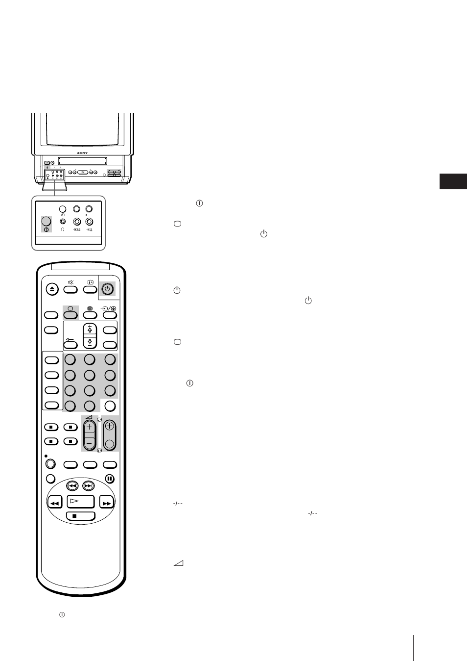 Watching the tv, Switching the video tv on and off, Selecting tv programmes | Adjusting the volume, Switching on, Switching off temporarily | Sony Trinitron KV-21V6D User Manual | Page 17 / 252