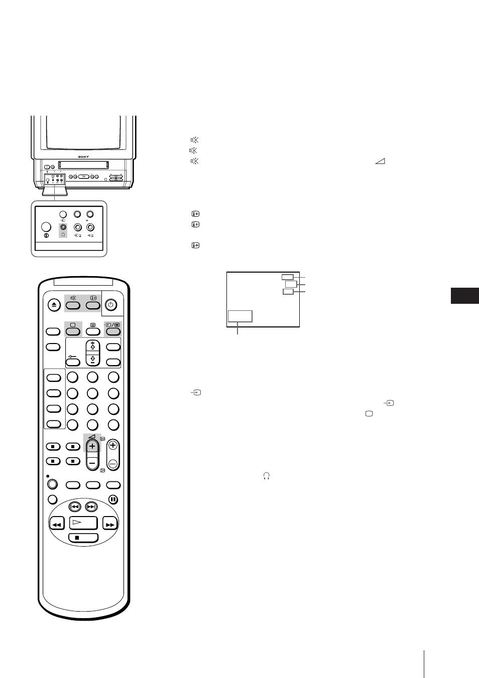 Dämpa ljudet, Visa information på skärmen, Se på videokanalen | Lyssna med hörlurar | Sony Trinitron KV-21V6D User Manual | Page 219 / 252