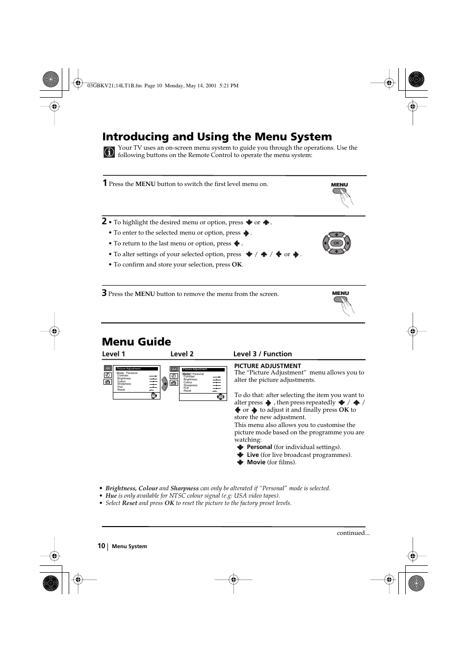 Introducing and using the menu system, Menu guide | Sony KV-21LT1B User Manual | Page 10 / 20